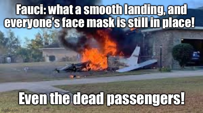 Fauci: what a smooth landing, and everyone’s face mask is still in place! Even the dead passengers! | made w/ Imgflip meme maker
