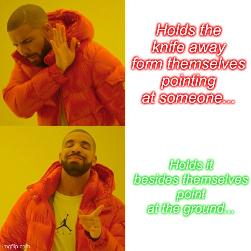 How to hold a knife | Holds the knife away form themselves pointing at someone... Holds it besides themselves point at the ground... | image tagged in memes,drake hotline bling | made w/ Imgflip meme maker