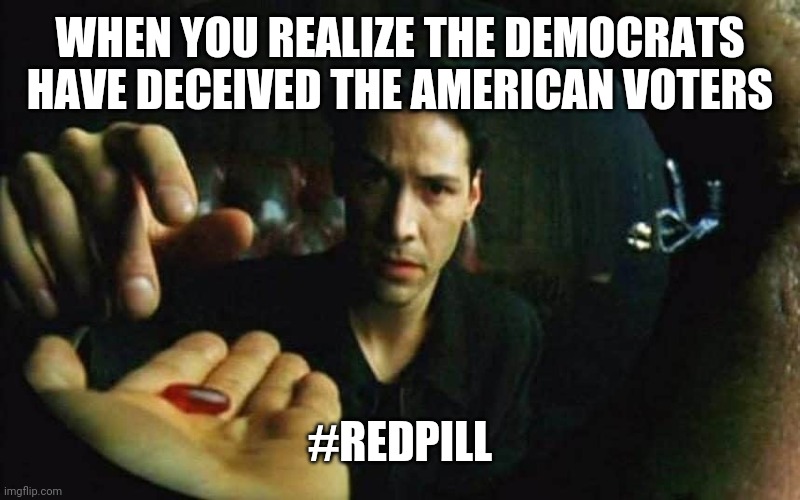#redpill Democrat Politics Keep American Voters From the Truth | WHEN YOU REALIZE THE DEMOCRATS HAVE DECEIVED THE AMERICAN VOTERS; #REDPILL | image tagged in red pill truth,democrats,election,politics,media,hashtag | made w/ Imgflip meme maker