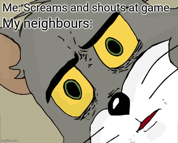 Realistic meme | Me: Screams and shouts at game; My neighbours: | image tagged in memes,unsettled tom | made w/ Imgflip meme maker