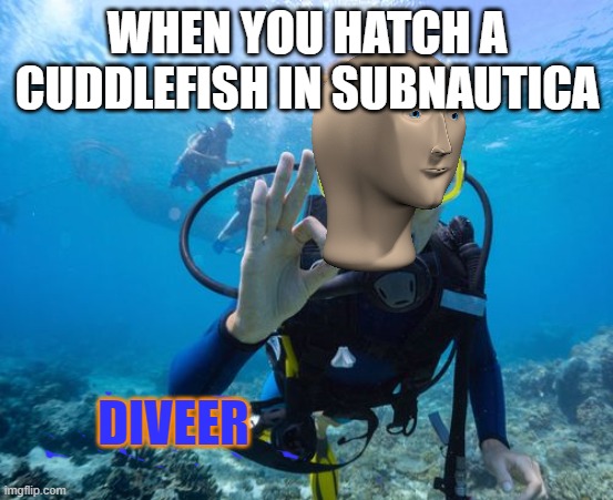 the new meme man | WHEN YOU HATCH A CUDDLEFISH IN SUBNAUTICA; DIVEER | image tagged in meme man | made w/ Imgflip meme maker