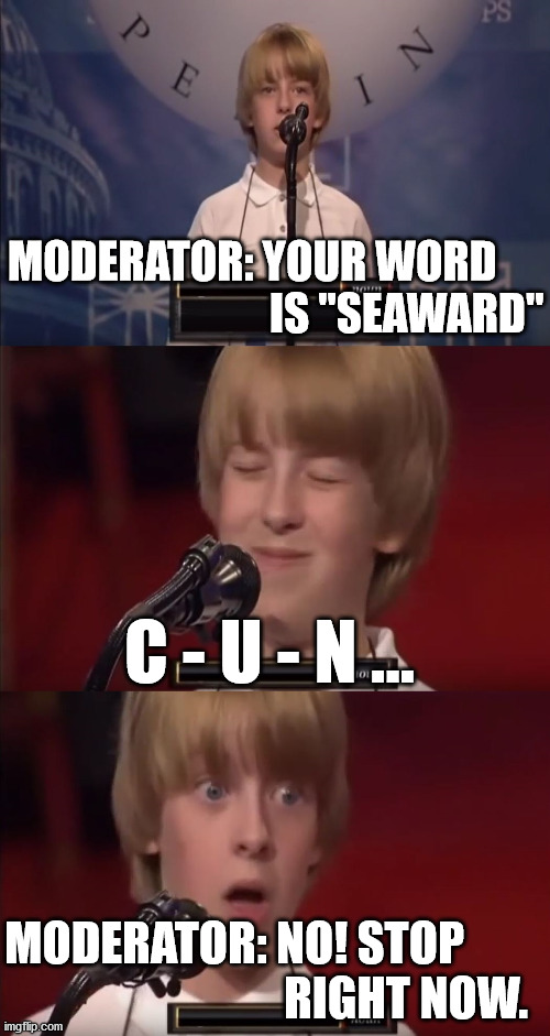Well he should have asked to use it in a sentence. | MODERATOR: YOUR WORD 
                              IS "SEAWARD"; C - U - N ... MODERATOR: NO! STOP 
                              RIGHT NOW. | image tagged in spelling bee kid,play on words,stop it get some help | made w/ Imgflip meme maker