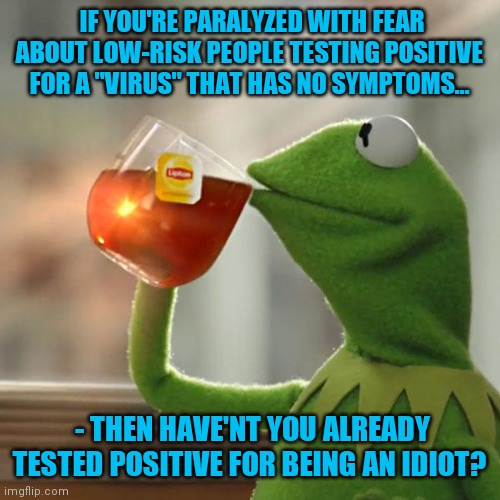 -But that's none of my business... | IF YOU'RE PARALYZED WITH FEAR ABOUT LOW-RISK PEOPLE TESTING POSITIVE FOR A "VIRUS" THAT HAS NO SYMPTOMS... - THEN HAVE'NT YOU ALREADY TESTED POSITIVE FOR BEING AN IDIOT? | image tagged in memes,but that's none of my business,kermit the frog,covidiots,libtards,stupid liberals | made w/ Imgflip meme maker