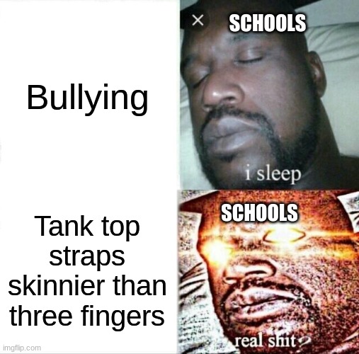 Sleeping Shaq Meme | Bullying; SCHOOLS; Tank top straps skinnier than three fingers; SCHOOLS | image tagged in memes,sleeping shaq | made w/ Imgflip meme maker