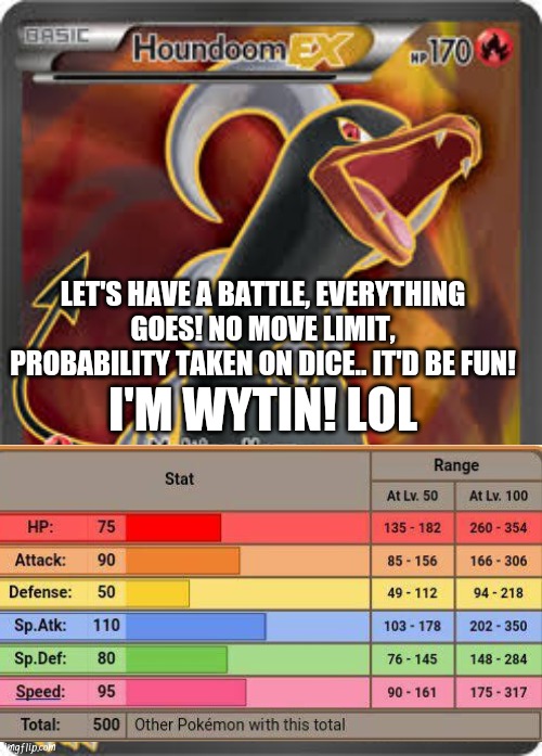 Comment box battle! (I never tried this!) | LET'S HAVE A BATTLE, EVERYTHING GOES! NO MOVE LIMIT, PROBABILITY TAKEN ON DICE.. IT'D BE FUN! I'M WYTIN! LOL | image tagged in pokemon | made w/ Imgflip meme maker
