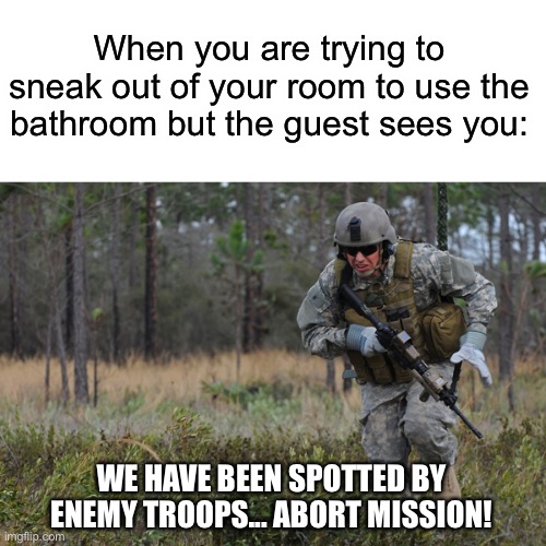 ABORT MISSION | When you are trying to sneak out of your room to use the bathroom but the guest sees you:; WE HAVE BEEN SPOTTED BY ENEMY TROOPS... ABORT MISSION! | image tagged in abort mission | made w/ Imgflip meme maker