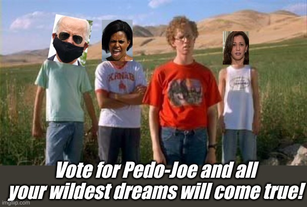 The Democrat Convention- like an online ad you can't skip or a NASCAR wreck you can't help but watch | Vote for Pedo-Joe and all your wildest dreams will come true! | image tagged in napoleon dynamite | made w/ Imgflip meme maker