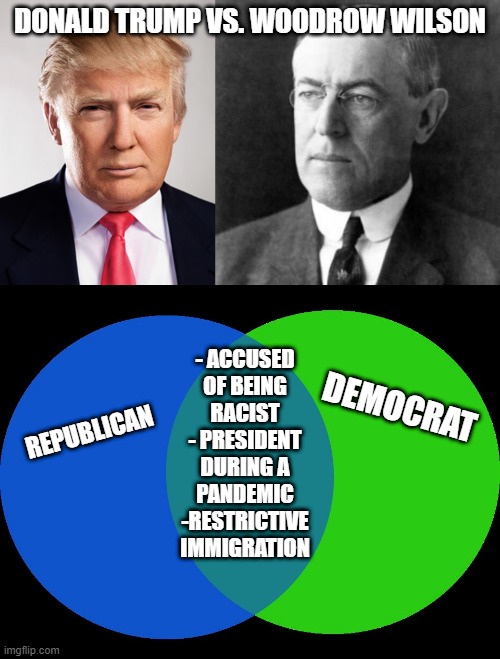 Deja Vu? | DONALD TRUMP VS. WOODROW WILSON; - ACCUSED OF BEING RACIST
- PRESIDENT DURING A PANDEMIC
-RESTRICTIVE IMMIGRATION; REPUBLICAN; DEMOCRAT | image tagged in donald trump,venn comparison,woodrow wilson | made w/ Imgflip meme maker