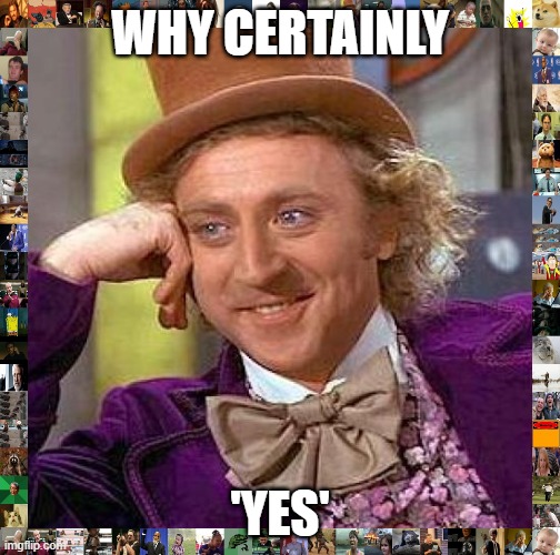 Creepy Condescending Wonka Meme | WHY CERTAINLY; 'YES' | image tagged in memes,creepy condescending wonka | made w/ Imgflip meme maker