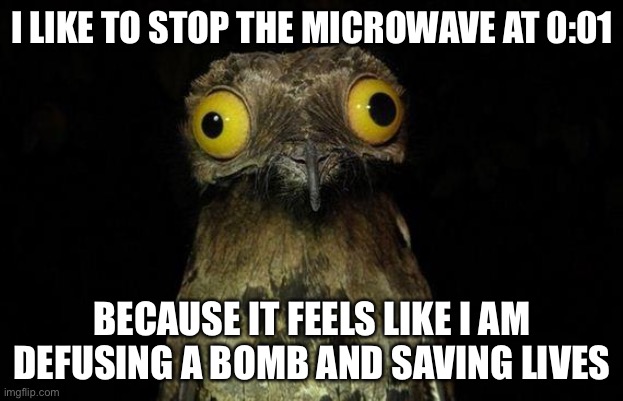 *insert title here* | I LIKE TO STOP THE MICROWAVE AT 0:01; BECAUSE IT FEELS LIKE I AM DEFUSING A BOMB AND SAVING LIVES | image tagged in memes,gifs,say that again i dare you | made w/ Imgflip meme maker