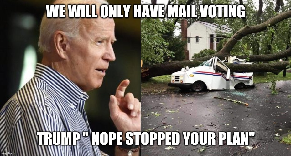 WE WILL ONLY HAVE MAIL VOTING; TRUMP " NOPE STOPPED YOUR PLAN" | image tagged in too funny | made w/ Imgflip meme maker
