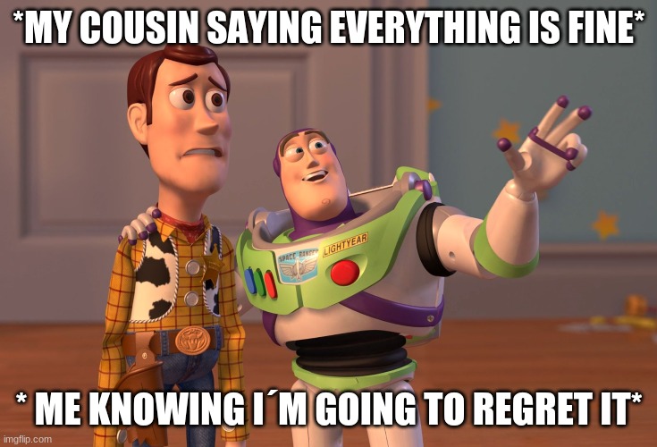 The decisions we make | *MY COUSIN SAYING EVERYTHING IS FINE*; * ME KNOWING I´M GOING TO REGRET IT* | image tagged in memes,x x everywhere | made w/ Imgflip meme maker