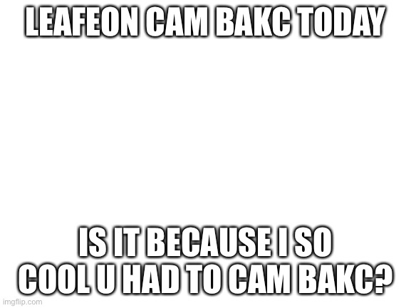 admet it leafeon | LEAFEON CAM BAKC TODAY; IS IT BECAUSE I SO COOL U HAD TO CAM BAKC? | image tagged in blank white template | made w/ Imgflip meme maker