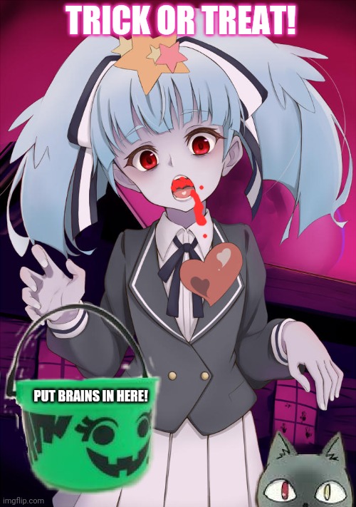 Lily needs brains! | TRICK OR TREAT! PUT BRAINS IN HERE! | image tagged in halloween lily | made w/ Imgflip meme maker