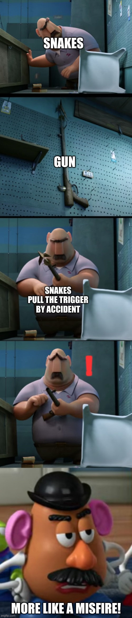 Referencing Metal Gear in cartoons | SNAKES; GUN; SNAKES PULL THE TRIGGER BY ACCIDENT; ! MORE LIKE A MISFIRE! | image tagged in metal gear solid | made w/ Imgflip meme maker
