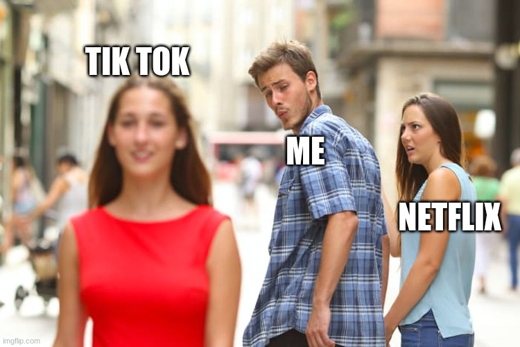 lol | TIK TOK; ME; NETFLIX | image tagged in memes,distracted boyfriend | made w/ Imgflip meme maker