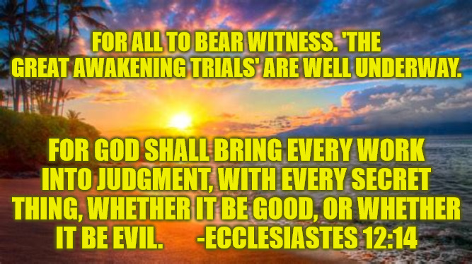 The Great Awakening | FOR ALL TO BEAR WITNESS. 'THE GREAT AWAKENING TRIALS' ARE WELL UNDERWAY. FOR GOD SHALL BRING EVERY WORK INTO JUDGMENT, WITH EVERY SECRET THING, WHETHER IT BE GOOD, OR WHETHER IT BE EVIL.       -ECCLESIASTES 12:14 | image tagged in judgement | made w/ Imgflip meme maker