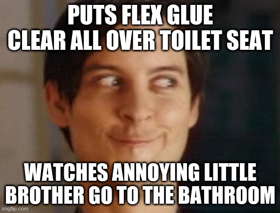 I ran out of room in the fun page so now this is in gaming | PUTS FLEX GLUE CLEAR ALL OVER TOILET SEAT; WATCHES ANNOYING LITTLE BROTHER GO TO THE BATHROOM | image tagged in memes,spiderman peter parker | made w/ Imgflip meme maker