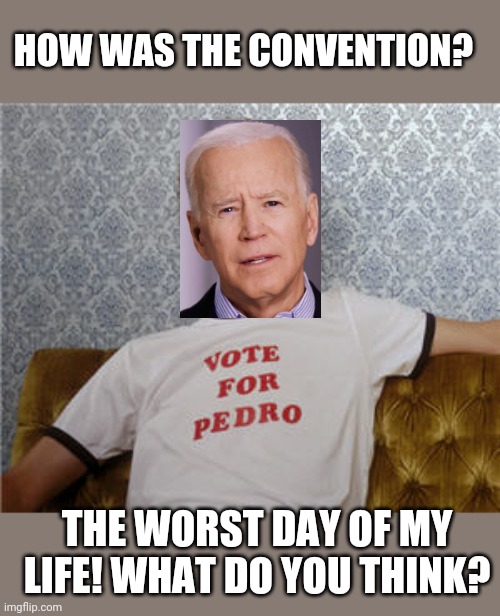 Vote for pedro  | HOW WAS THE CONVENTION? THE WORST DAY OF MY LIFE! WHAT DO YOU THINK? | image tagged in vote for pedro | made w/ Imgflip meme maker