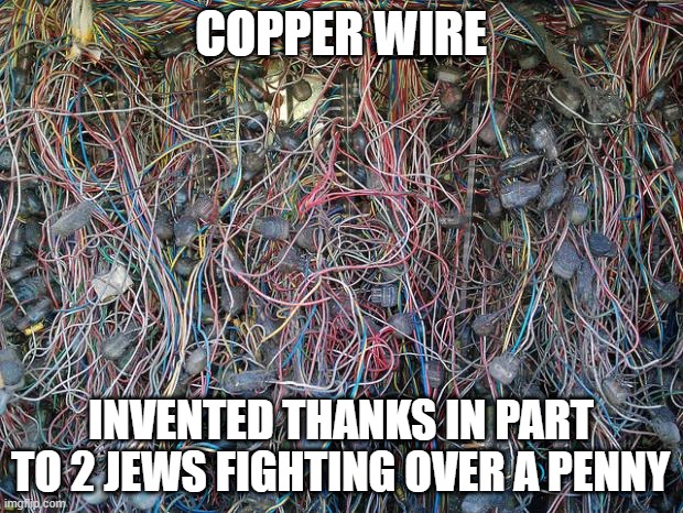 One Hell of a Fight | COPPER WIRE; INVENTED THANKS IN PART TO 2 JEWS FIGHTING OVER A PENNY | image tagged in wire | made w/ Imgflip meme maker