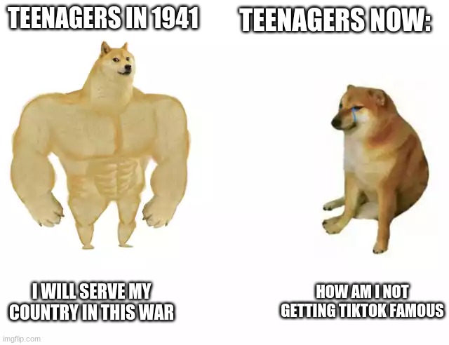 isnt it true? | TEENAGERS IN 1941; TEENAGERS NOW:; I WILL SERVE MY COUNTRY IN THIS WAR; HOW AM I NOT GETTING TIKTOK FAMOUS | image tagged in buff doge vs cheems | made w/ Imgflip meme maker