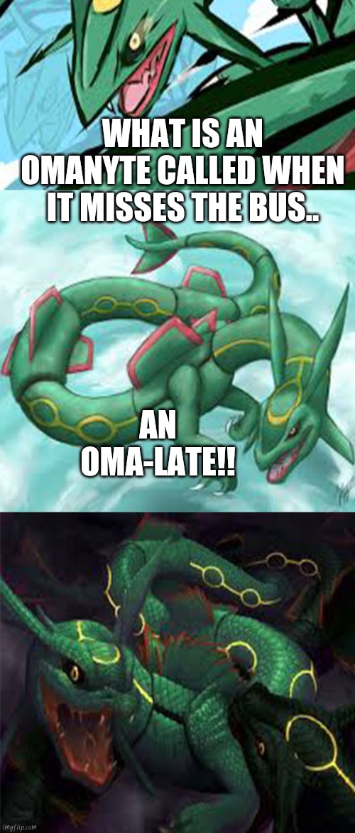 Horrible Pun Rayquaza! | WHAT IS AN OMANYTE CALLED WHEN IT MISSES THE BUS.. AN OMA-LATE!! | image tagged in bad pun rayquaza,pokemon,funny pokemon | made w/ Imgflip meme maker