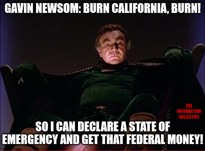 Mismanagement, fires, and rolling blackouts.  This is Gavin Newsom Leadership? | GAVIN NEWSOM: BURN CALIFORNIA, BURN! THE INFORMATION COLLECTIVE; SO I CAN DECLARE A STATE OF EMERGENCY AND GET THAT FEDERAL MONEY! | image tagged in memes,politics,california,democrats,wildfires,corruption | made w/ Imgflip meme maker