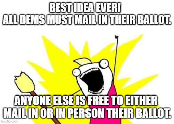The answer to the mail in ballot delema | BEST IDEA EVER!  
ALL DEMS MUST MAIL IN THEIR BALLOT. ANYONE ELSE IS FREE TO EITHER 
MAIL IN OR IN PERSON THEIR BALLOT. | image tagged in memes,x all the y | made w/ Imgflip meme maker