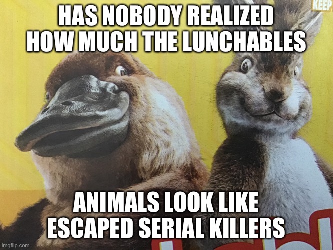 Seriously | HAS NOBODY REALIZED HOW MUCH THE LUNCHABLES; ANIMALS LOOK LIKE ESCAPED SERIAL KILLERS | image tagged in memes,funny | made w/ Imgflip meme maker