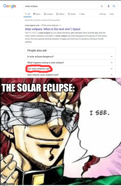 I wonder if they do? | THE SOLAR ECLIPSE: | image tagged in kakyoin,google search,random | made w/ Imgflip meme maker