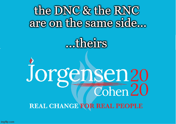 Same side | the DNC & the RNC 
are on the same side... ...theirs | image tagged in duopoly,dnc,rnc,libertarian,jo jorgensen | made w/ Imgflip meme maker