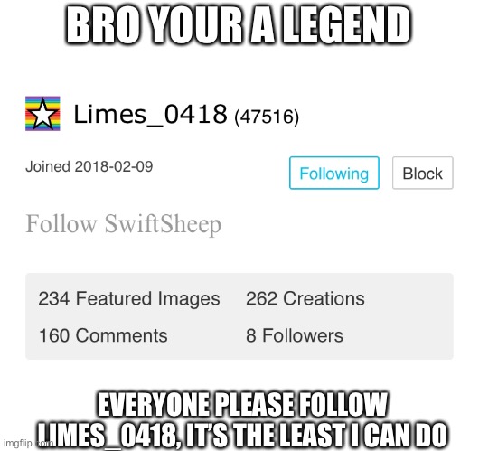 BRO | BRO YOUR A LEGEND; EVERYONE PLEASE FOLLOW LIMES_0418, IT’S THE LEAST I CAN DO | image tagged in bro,insane | made w/ Imgflip meme maker
