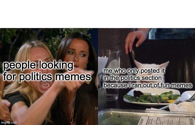 Woman Yelling At Cat Meme | people looking for politics memes; me who only posted it in the politics section because i ran out of fun memes | image tagged in memes,woman yelling at cat | made w/ Imgflip meme maker