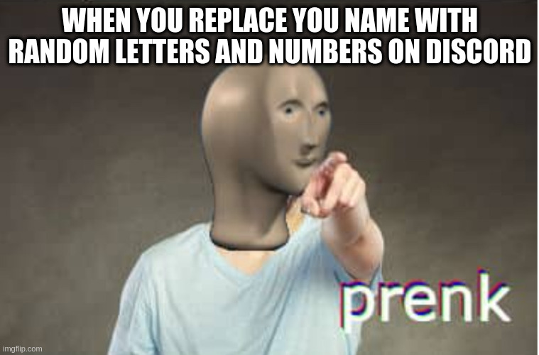 i have achieved comedy | WHEN YOU REPLACE YOU NAME WITH RANDOM LETTERS AND NUMBERS ON DISCORD | image tagged in prenk | made w/ Imgflip meme maker