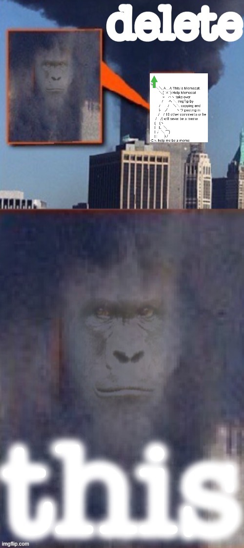 Memecat should have died in 9/11. That is all. | image tagged in lord harambe 9/11 delete this,spam,spammers,memes about memes,memes about memeing,first world imgflip problems | made w/ Imgflip meme maker