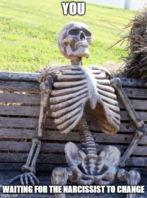 Waiting Skeleton Meme | YOU; WAITING FOR THE NARCISSIST TO CHANGE | image tagged in memes,waiting skeleton | made w/ Imgflip meme maker