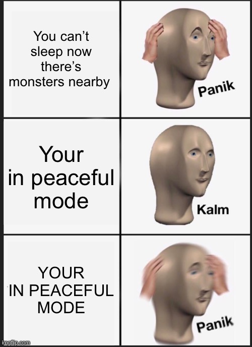 OH NOO |  You can’t sleep now there’s monsters nearby; Your in peaceful mode; YOUR IN PEACEFUL MODE | image tagged in memes,panik kalm panik | made w/ Imgflip meme maker