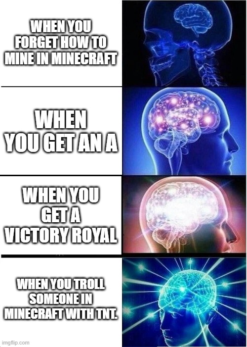 Expanding Brain |  WHEN YOU FORGET HOW TO MINE IN MINECRAFT; WHEN YOU GET AN A; WHEN YOU GET A VICTORY ROYAL; WHEN YOU TROLL SOMEONE IN MINECRAFT WITH TNT. | image tagged in memes,expanding brain | made w/ Imgflip meme maker