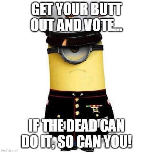 army police minion | GET YOUR BUTT OUT AND VOTE... IF THE DEAD CAN DO IT, SO CAN YOU! | image tagged in army police minion | made w/ Imgflip meme maker