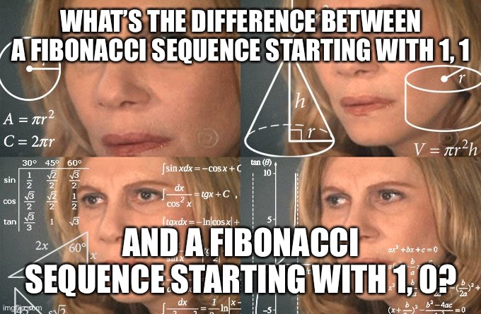 Calculating meme | WHAT’S THE DIFFERENCE BETWEEN A FIBONACCI SEQUENCE STARTING WITH 1, 1; AND A FIBONACCI SEQUENCE STARTING WITH 1, 0? | image tagged in calculating meme,memes | made w/ Imgflip meme maker