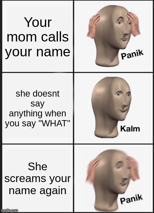 Panik Kalm Panik | Your mom calls your name; she doesnt say anything when you say "WHAT"; She screams your name again | image tagged in memes,panik kalm panik | made w/ Imgflip meme maker