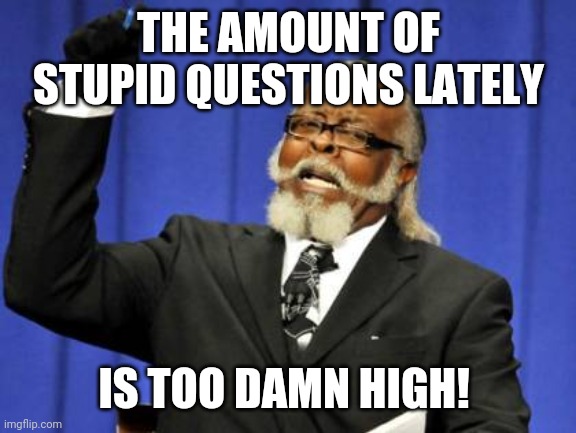 Too Damn High |  THE AMOUNT OF STUPID QUESTIONS LATELY; IS TOO DAMN HIGH! | image tagged in memes,too damn high | made w/ Imgflip meme maker