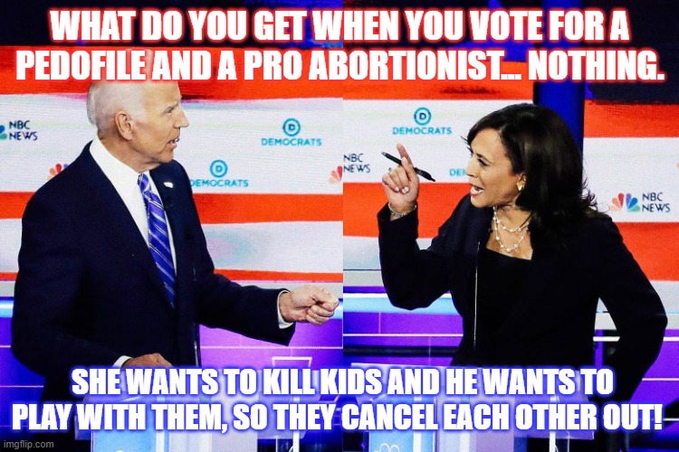 NOTHING! | WHAT DO YOU GET WHEN YOU VOTE FOR A PEDOFILE AND A PRO ABORTIONIST... NOTHING. SHE WANTS TO KILL KIDS AND HE WANTS TO PLAY WITH THEM, SO THEY CANCEL EACH OTHER OUT! | image tagged in creepy joe biden | made w/ Imgflip meme maker