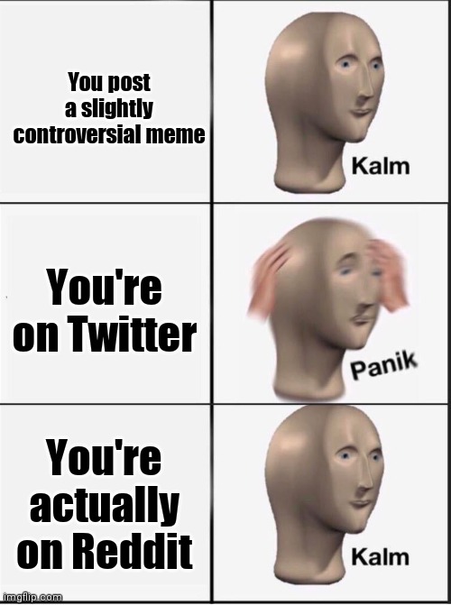 Reverse kalm panik | You post a slightly controversial meme; You're on Twitter; You're actually on Reddit | image tagged in reverse kalm panik | made w/ Imgflip meme maker