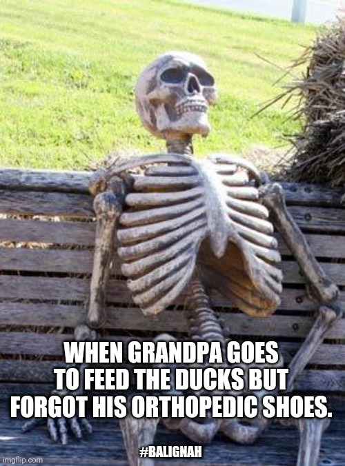 Deadass | WHEN GRANDPA GOES TO FEED THE DUCKS BUT FORGOT HIS ORTHOPEDIC SHOES. #BALIGNAH | image tagged in memes,waiting skeleton,grandpa | made w/ Imgflip meme maker