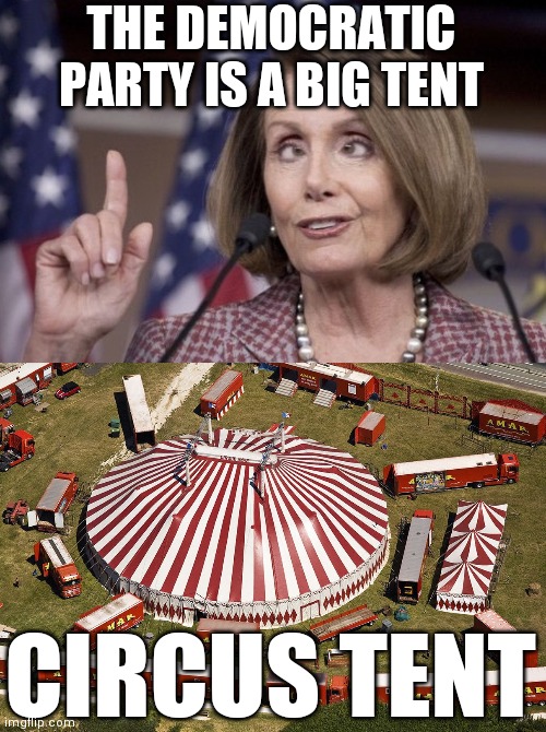 THE DEMOCRATIC PARTY IS A BIG TENT; CIRCUS TENT | image tagged in nancy pelosi,circus tent | made w/ Imgflip meme maker