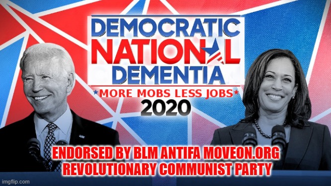 Democratic National Dementia | ENDORSED BY BLM ANTIFA MOVEON.ORG  REVOLUTIONARY COMMUNIST PARTY | image tagged in democrat,joe biden,kamala harris | made w/ Imgflip meme maker