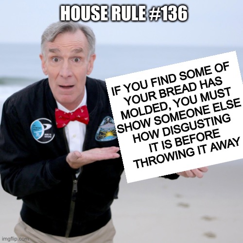I’ve done it most every time | HOUSE RULE #136; IF YOU FIND SOME OF
YOUR BREAD HAS
MOLDED, YOU MUST
SHOW SOMEONE ELSE
HOW DISGUSTING
IT IS BEFORE
THROWING IT AWAY | image tagged in bill nye,science,bread,mold,show,memes | made w/ Imgflip meme maker