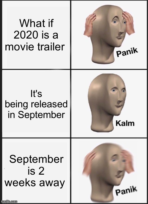 Pandemic: the rising | What if 2020 is a movie trailer; It's being released in September; September is 2 weeks away | image tagged in memes,panik kalm panik | made w/ Imgflip meme maker