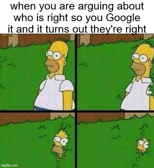 Embarrassing | when you are arguing about who is right so you Google it and it turns out they're right | image tagged in homer simpson in bush - large | made w/ Imgflip meme maker